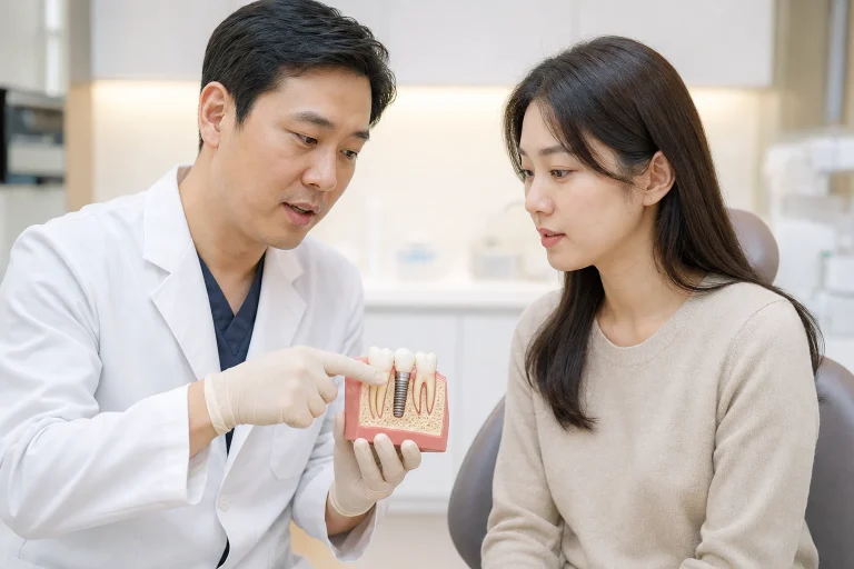 임플란트 뼈이식 상담과 회복을 설명하는 이미지