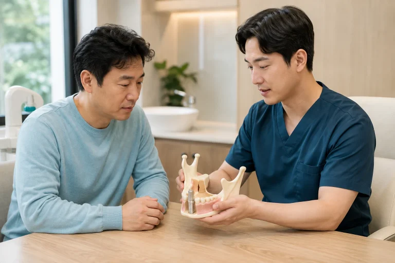 임플란트 뼈이식 상담과 회복을 설명하는 이미지